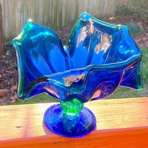 Vintage Blue Green Wavy Draped Scalloped Flowering Murano Glass Bowl Vase Art